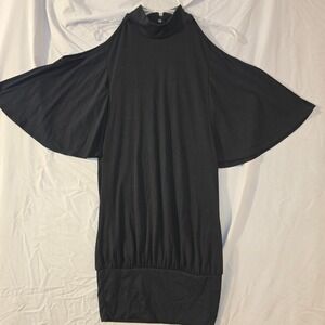 Chesley Mini Dress Medium Women Black Cold Shoulder Flutter Sleeve High Neck NEW